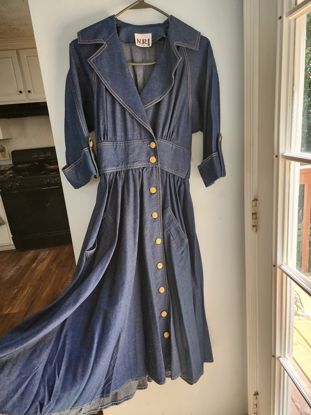 Vintage 70s Dark Blue Denim Button-Front Midi Dress